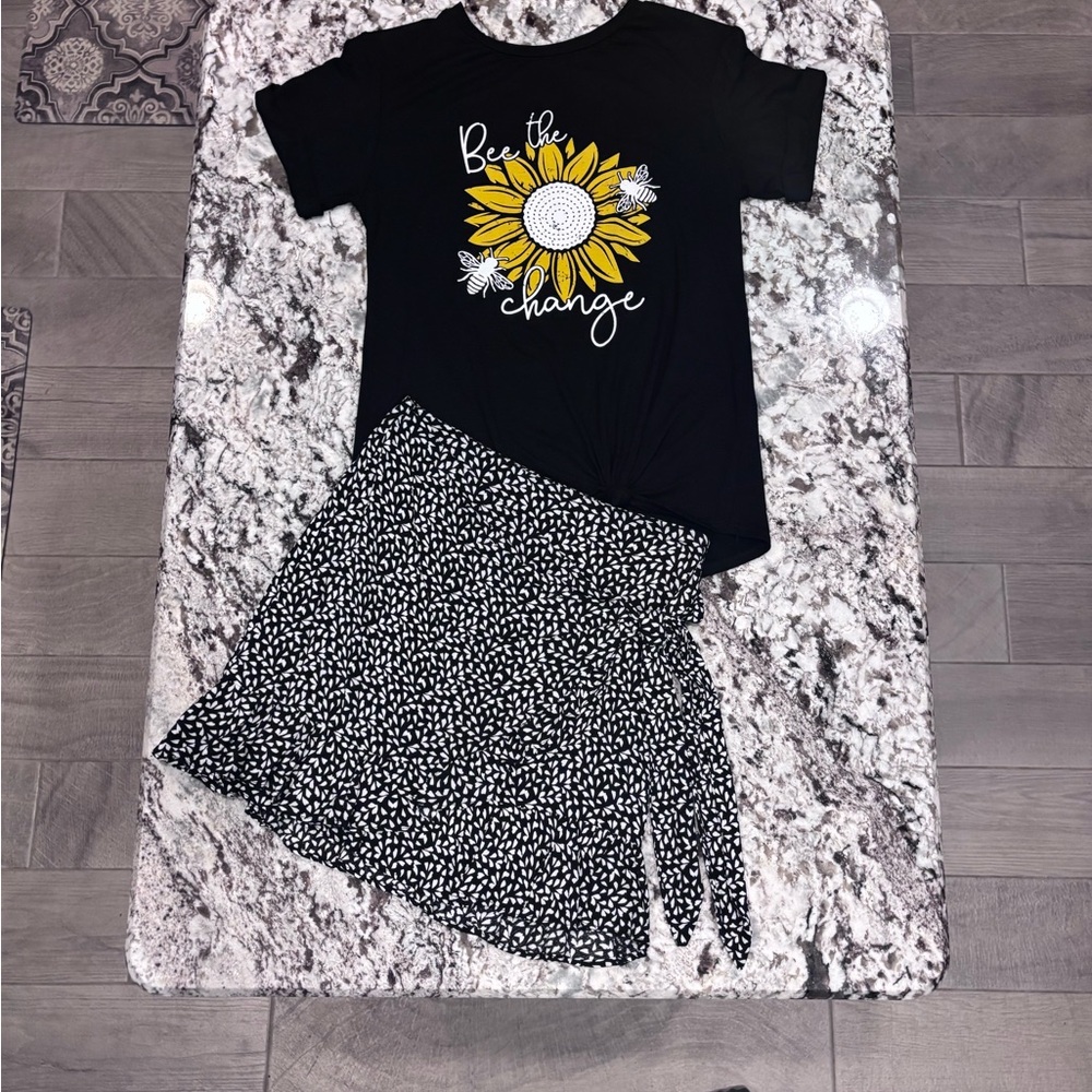 Black Graphic Tee and GB Girls Floral Skirt Set